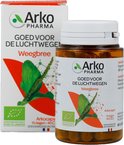 Doosje en flesje Arko Pharma Weegbree, met afbeelding van weegbree en organisch EU-landbouw logo.