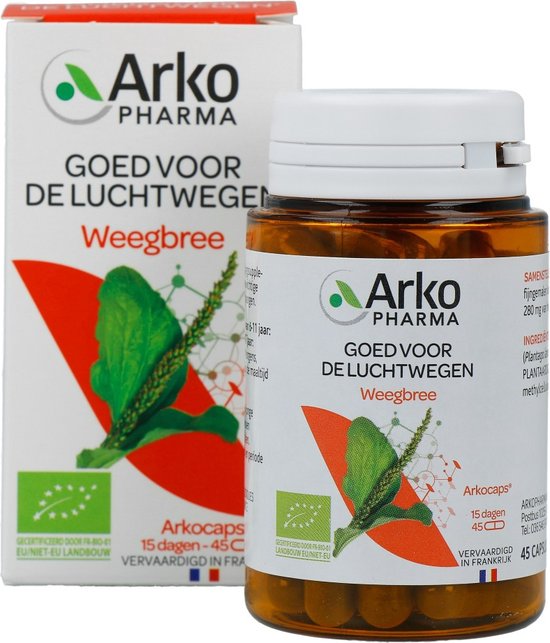 Doosje en flesje Arko Pharma Weegbree, met afbeelding van weegbree en organisch EU-landbouw logo.