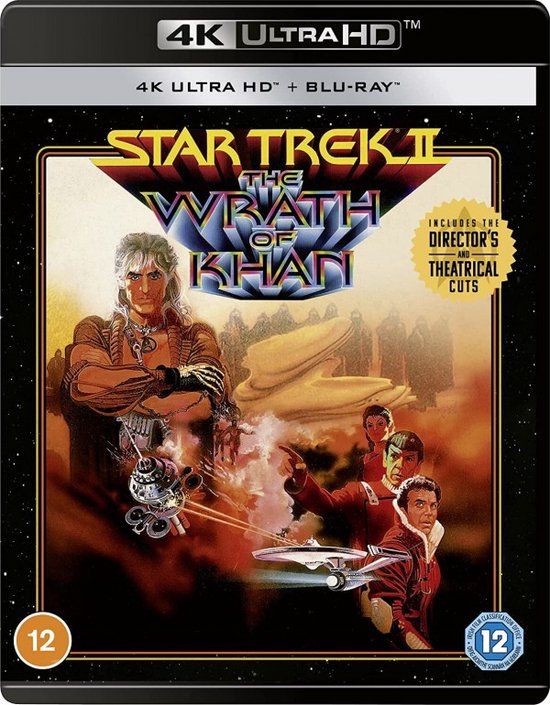 Star Trek II: The Wrath of Khan 4K Ultra HD Blu-ray hoesafbeelding met Khan, Kirk en de Enterprise.
