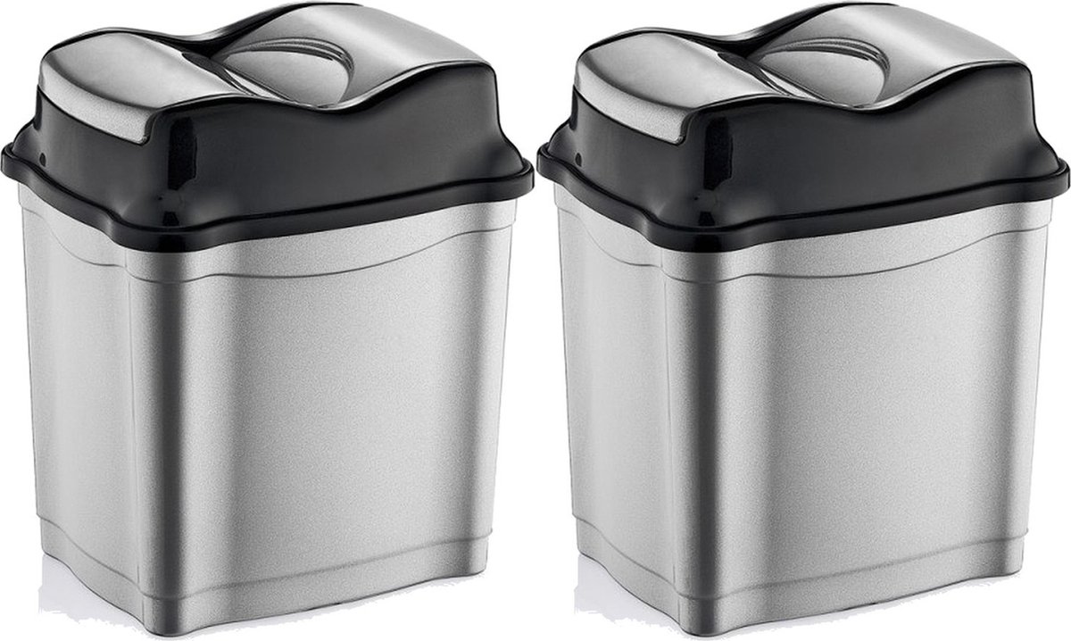 Goedkoopste 2x stuks zilver/zwarte vuilnisbak/vuilnisemmer kunststof 50 liter - Prullenbakken/afvalbakken - Kantoor/keuken prullenbakken