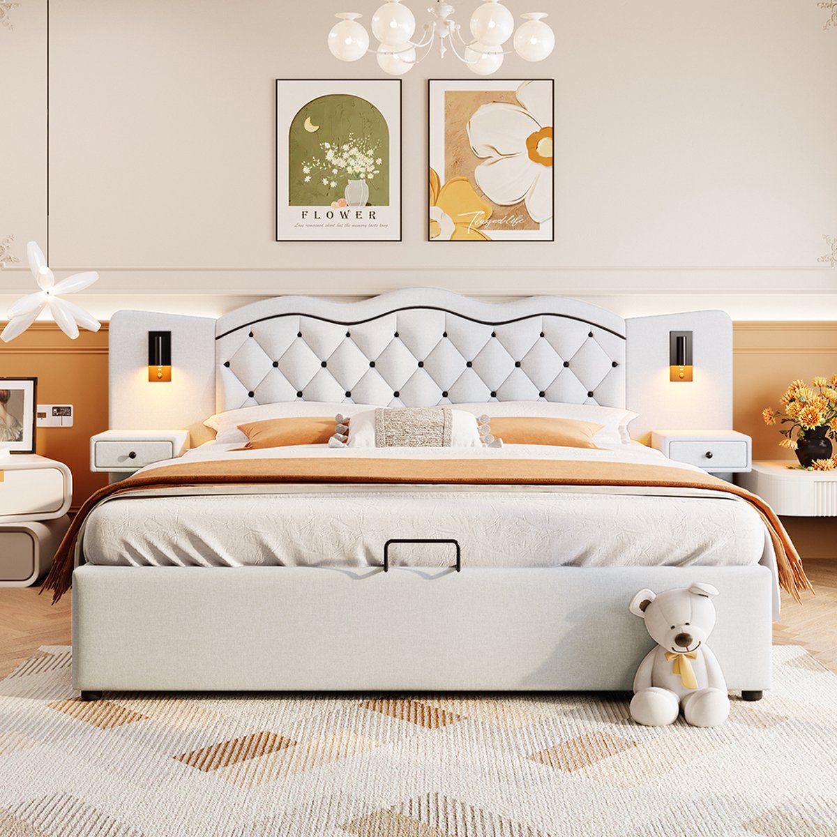 KOMHTOM Bed Tweepersoonsbed 180x200 cm gestoffeerd bed USB-aansluiting twee bedlampjes grote opbergruimte beige