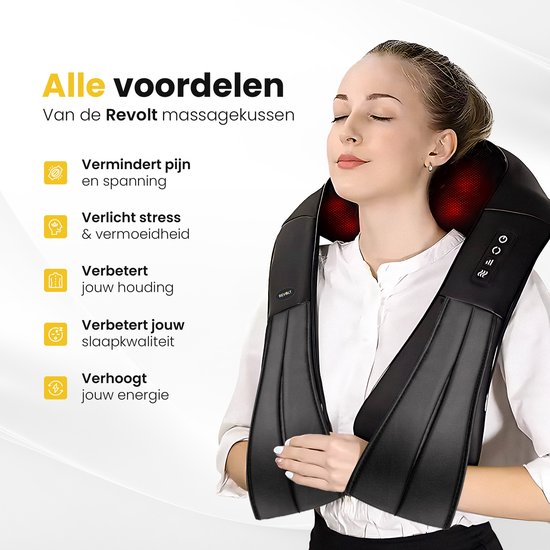 Vrouw met gesloten ogen die een Revolt nekmassager gebruikt, met voordelen zoals pijnvermindering en verbeterde houding.