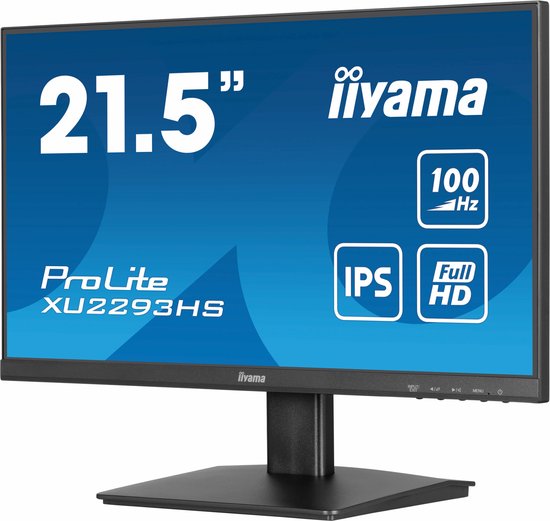 Schuine weergave van een 21.5-inch 'iiyama' ProLite XU2293HS monitor met 100 Hz.