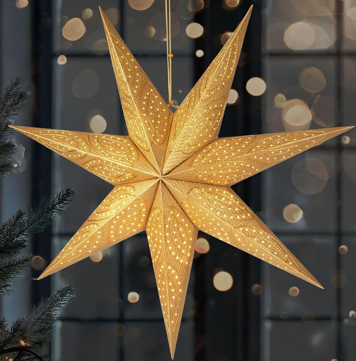 BRUBAKER 60 cm Papieren Kerstster om op te Hangen - LED Adventsster voor Kerstdecoratie en Raam - 3D Papieren Ster met Timer Functie - Hangende Lichtster - Verlichtbaar met Batterij - Goud