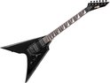 Zwarte V-stijl elektrische gitaar met logo 'max MUSIC' op de kop, geïsoleerd op witte achtergrond.