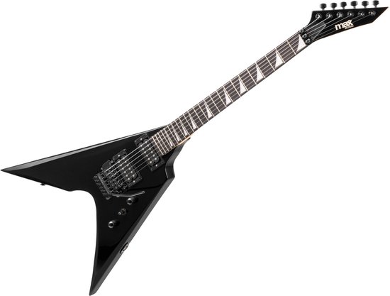 Zwarte V-stijl elektrische gitaar met logo 'max MUSIC' op de kop, geïsoleerd op witte achtergrond.