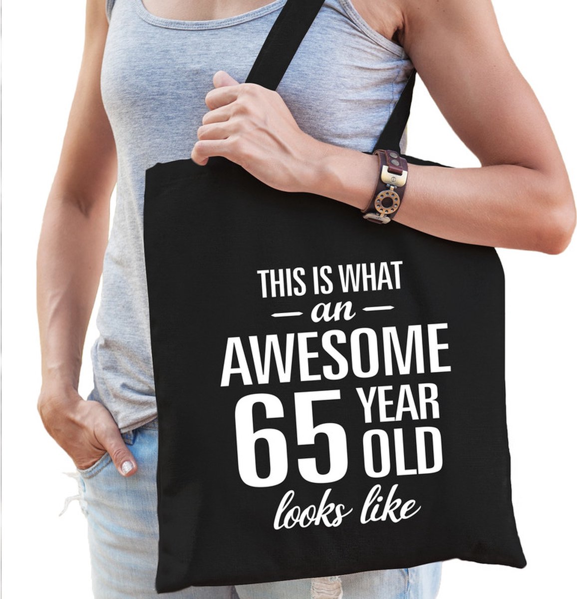 Awesome 65 year - geweldig 65 jaar cadeau - tasje - zwart - voor dames - verjaardag - shopper