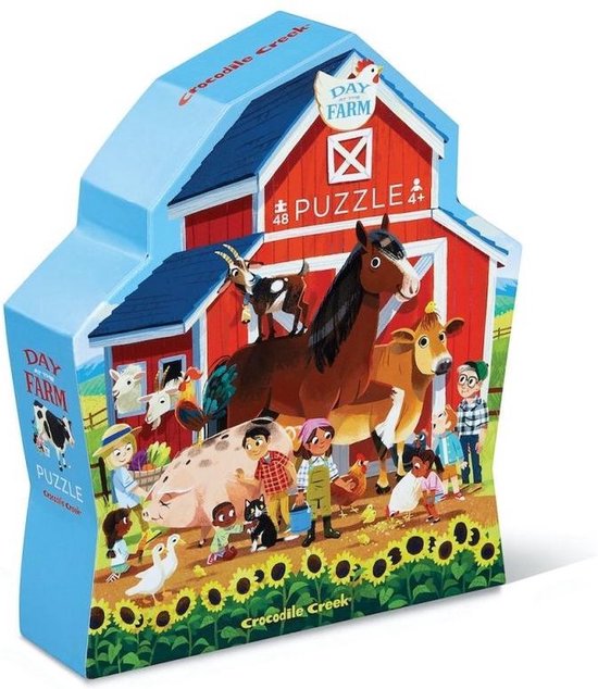 Doos van een 48-delige puzzel 'Day Farm' met een rode schuur, vrolijke boerderijdieren en kinderen, omringd door zonnebloemen.