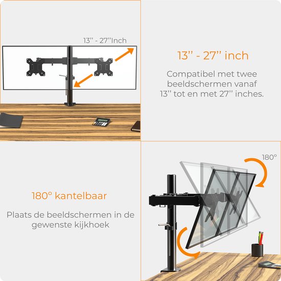 Dubbele monitorarm voor 13-27 inch schermen, 180 graden kantelbaar.