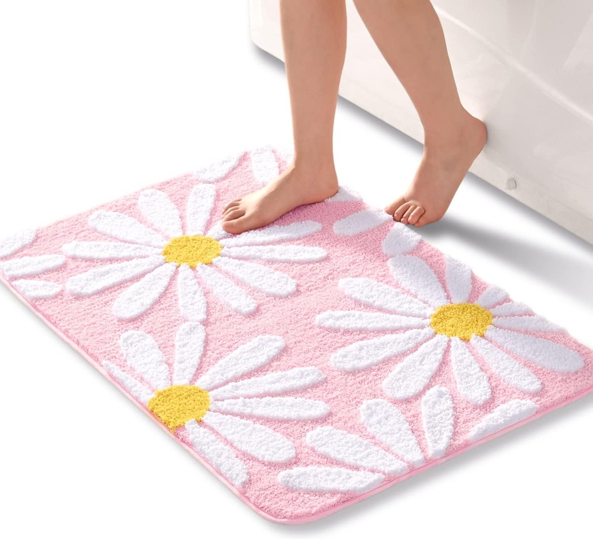 Roze badkamertapijt schattige madeliefje badmat antislip wasbare badmat witte en gele bloem badmat zachte douchemat absorberend badkamertapijt 60 x 90 cm