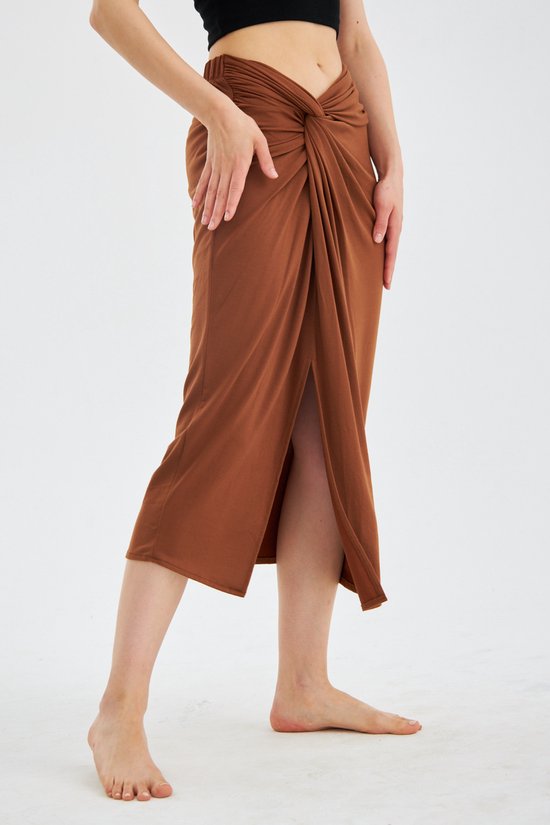 Jupe portefeuille en jersey marron avec détails pré-noués