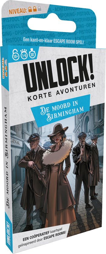 Doos van het spel "Unlock! Korte Avonturen, De moord in Birmingham". Op de voorkant staan de titel en een afbeelding van vier personen.