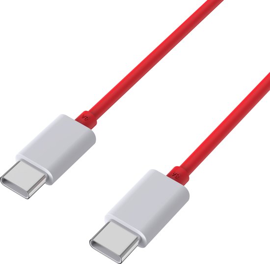 Twee witte USB-C connectoren aan een rode kabel.