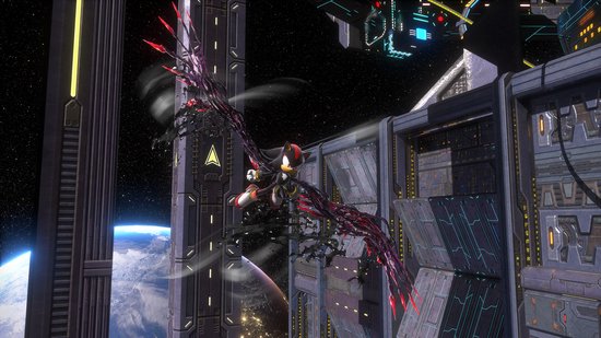 Shadow the Hedgehog vliegt door de ruimte met grote zwarte vleugels, met de aarde op de achtergrond.