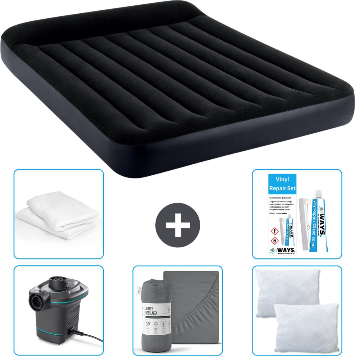 Intex Luchtbedset Intex Luchtbed - 2-Persoons - 152 x 203 x 25 cm - Zwart + Intex Elektrische Pomp - 650 Liter/min + Hoeslaken Antraciet + Kussen + Molton 2 in 1 Kussenslopen + Reparatieset