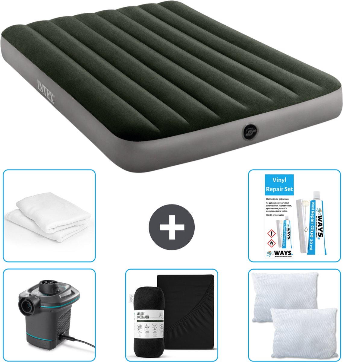 Intex Luchtbedset Intex Luchtbed - Twijfelaar - 137 x 191 x 25 cm - Groen + Intex Elektrische Pomp - 650 Liter/min + Hoeslaken Zwart + Kussen + Molton 2 in 1 Kussenslopen + Reparatieset