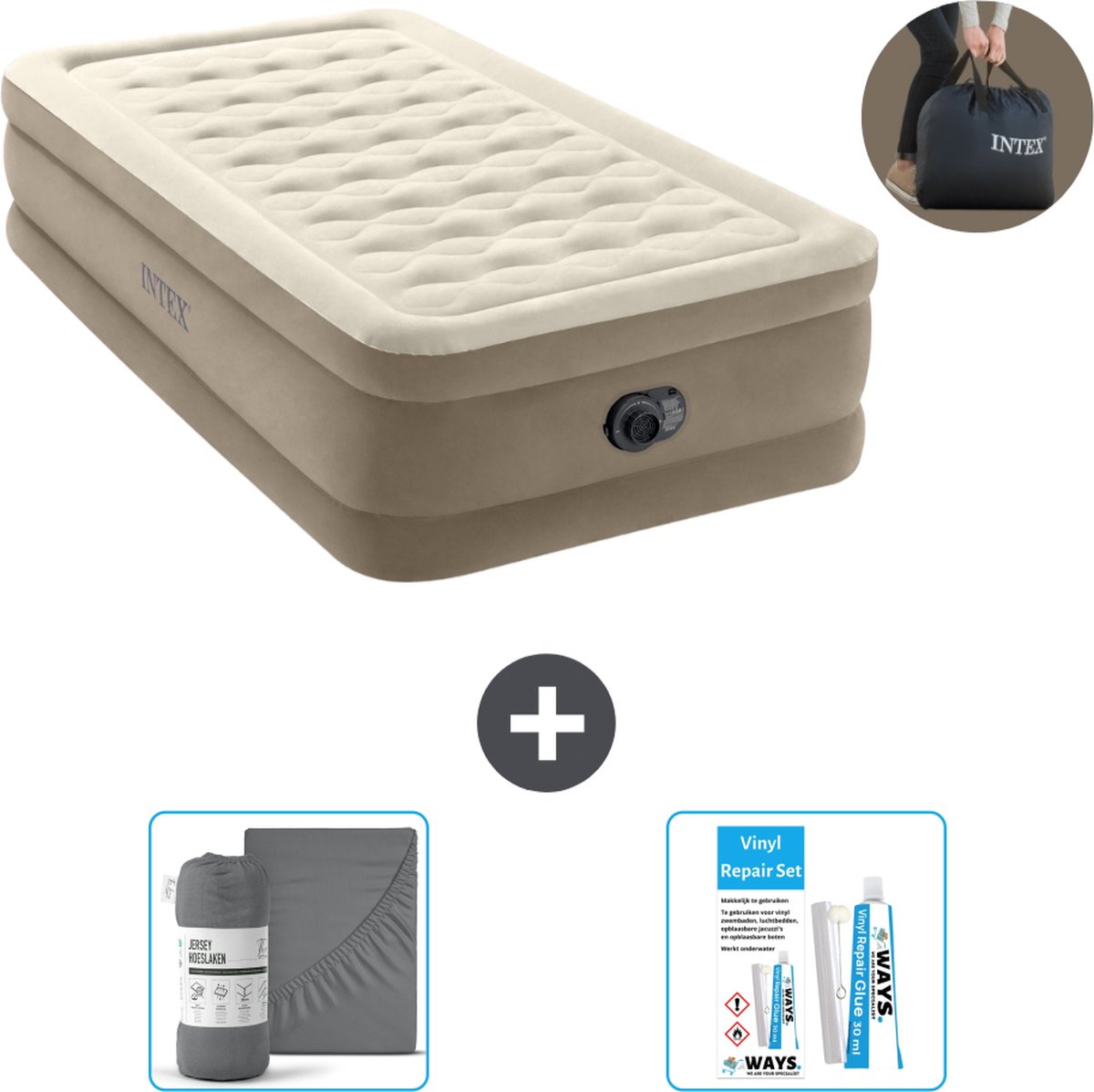 Intex Luchtbed - 1-Persoons - 99 x 191 x 46 cm - Beige - Met ingebouwde pomp Hoeslaken Antraciet en Reparatieset