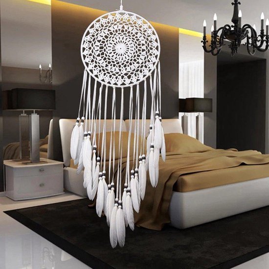 Foto: Handgemaakte dromen vanger i dream catcher xl i indianen deco droomvanger i dream catcher groot i droomvanger i met veren i 20x80 cm iwit