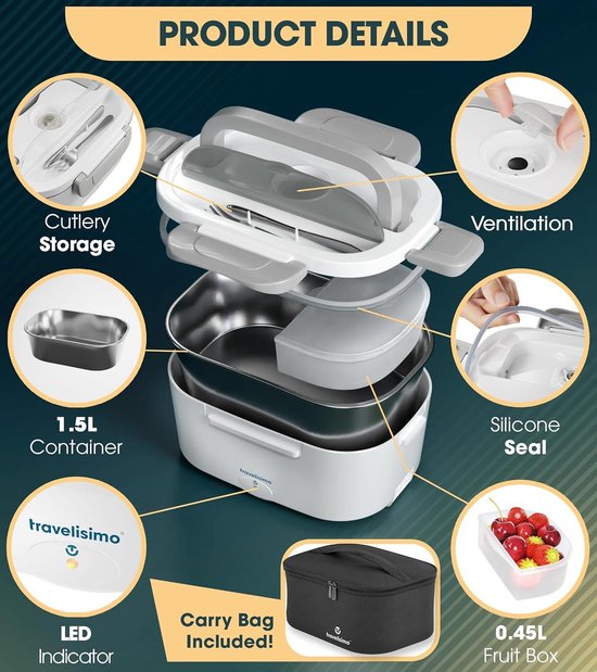 Elektrische Lunchbox Voedselverwarmer 3 in 1 80W - Draagbare Voedselwarmer voor Auto Truck Thuis Werk - 12V+24V+220V - 15L Verwijderbare Roestvrijstalen Container Portable Lunch Bag van STREND PRO — afbeelding 4