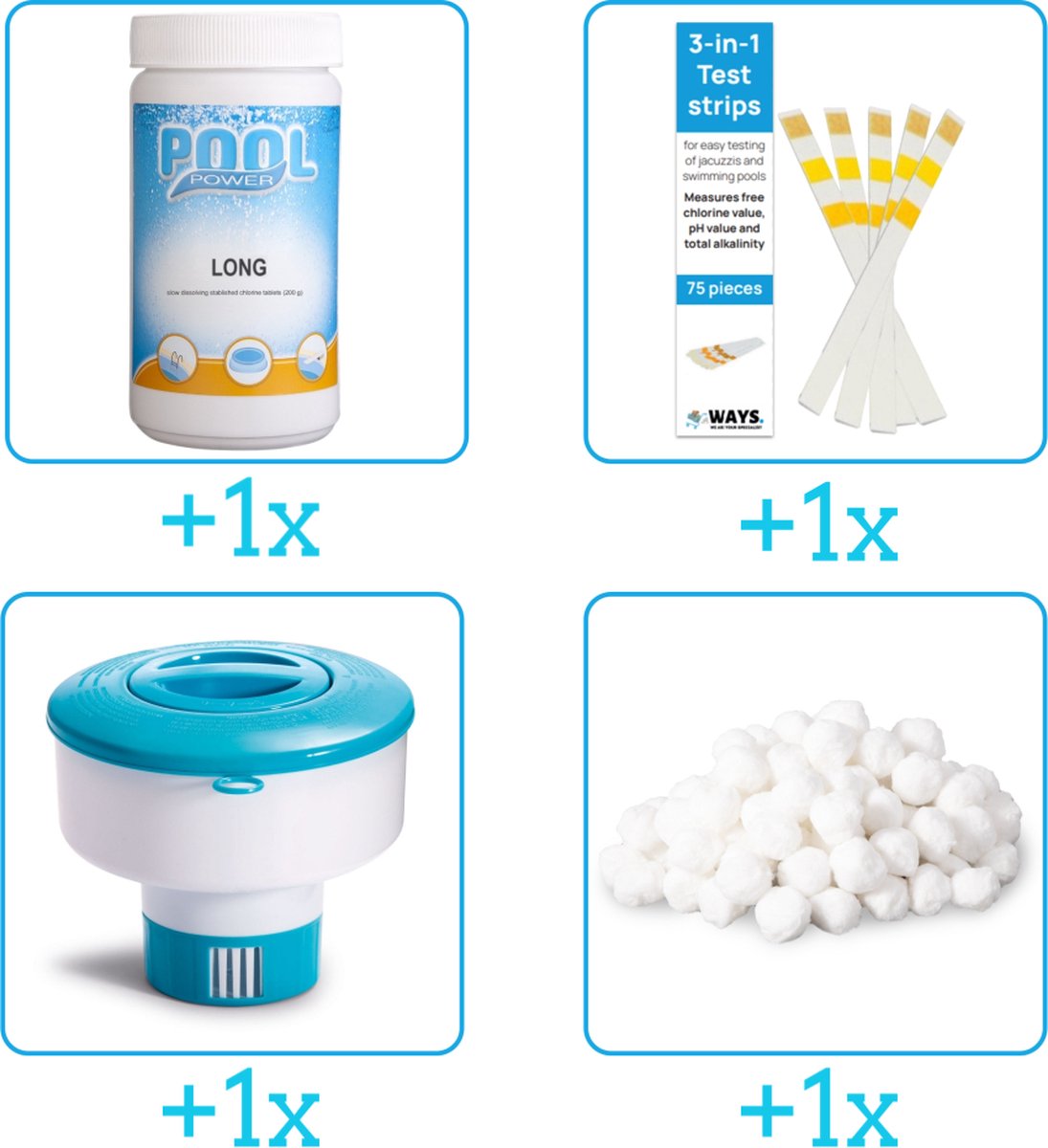 Zwembad Onderhoudsset – Startersset bevat Chloor – Testrips – Chloordrijver en Filterbollen – Starterspakket – Chloortabletten – Voor zwembad met Zandfilterpomp – Voor zwembaden met meer dan 25.000 liter (4-delig)