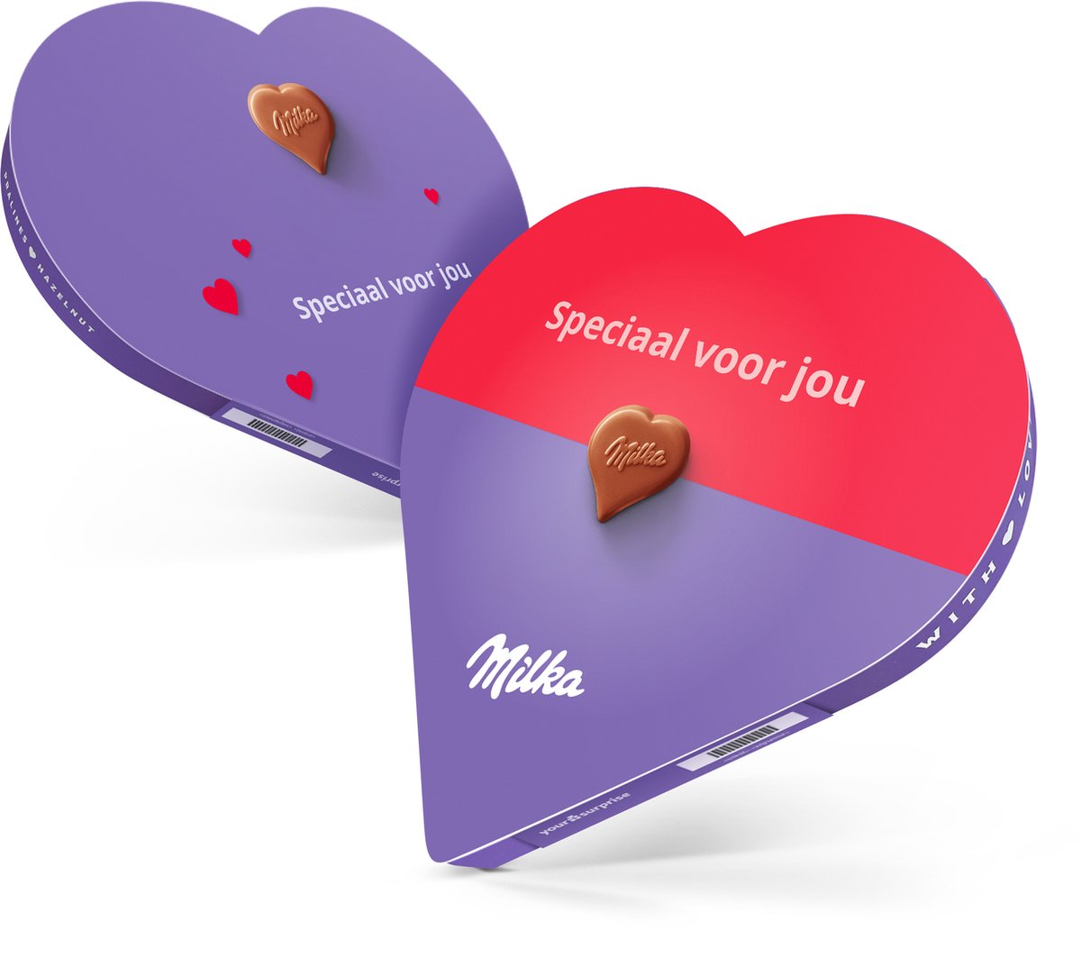 Milka hart met tekst "Speciaal voor jou - Milka Giftbox - 30 pralines in hartjesvorm