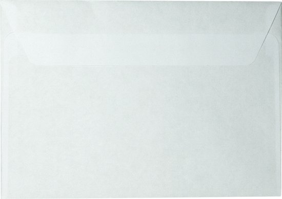 Witte, zelfklevende envelop van papier, formaat C6, met een puntige sluitflap.