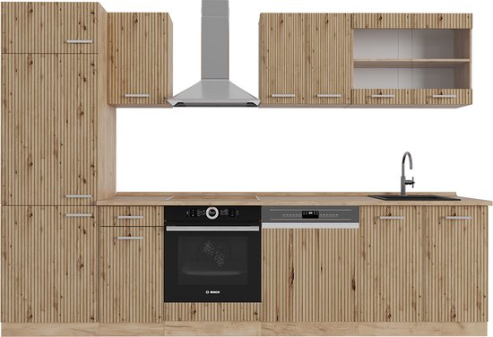 Meuble de cuisine complet Vicco R- Line, Chêne artisanal/Chêne kraft doré/Chêne puissant doré, 300 cm sans plan de travail