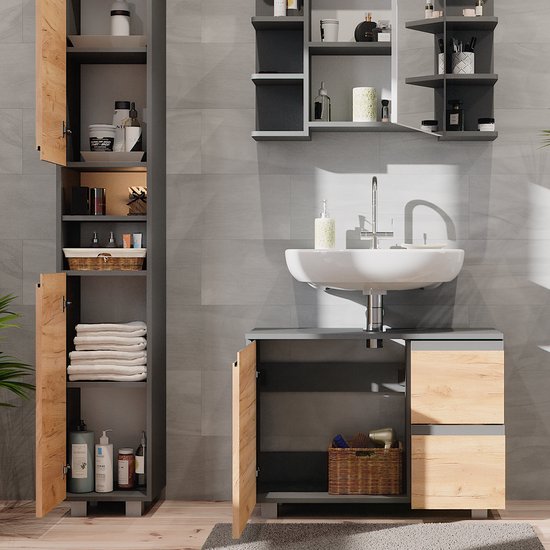 Vicco Ensemble de meubles de salle de bain en forme de J, Grijs/ Chêne, 3 parties