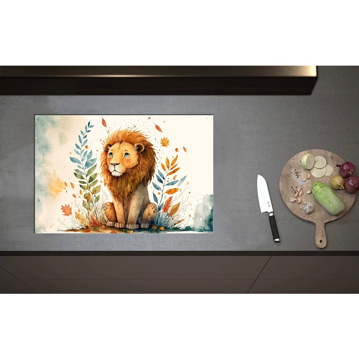 Inductieplaat Beschermer - Cartoon Tekening van Leeuw omringd door Kleurrijke Planten - 75x50 cm - 2 mm Dik - Inductie Beschermer - Bescherming Inductiekookplaat - Kookplaat Beschermer van Zwart Vinyl