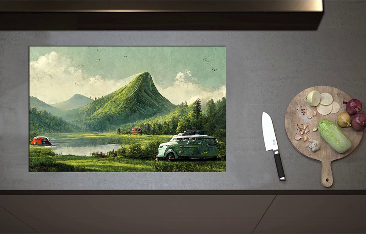 Inductieplaat Beschermer - Bus in Groen Landschap - 80x52 cm - 2 mm Dik - Inductie Beschermer - Bescherming Inductiekookplaat - Kookplaat Beschermer van Wit Vinyl