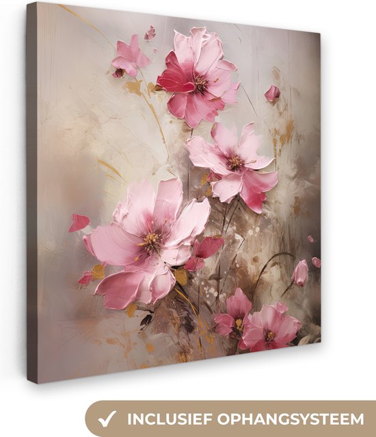 Zicht op een canvas met roze bloemen, inclusief ophangsysteem.