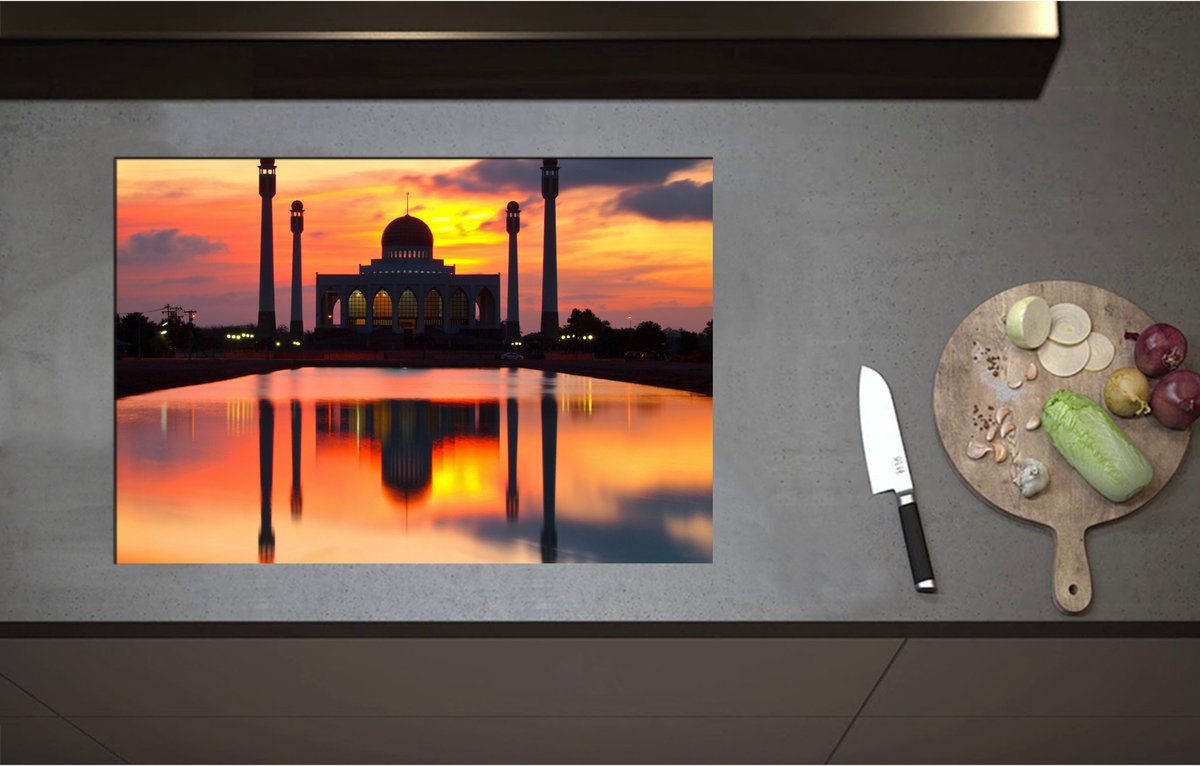 Inductieplaat Beschermer - Central Mosque of Songklha in Thailand bij Avondzon - 75x51 cm - 2 mm Dik - Inductie Beschermer - Bescherming Inductiekookplaat - Kookplaat Beschermer van Zwart Vinyl