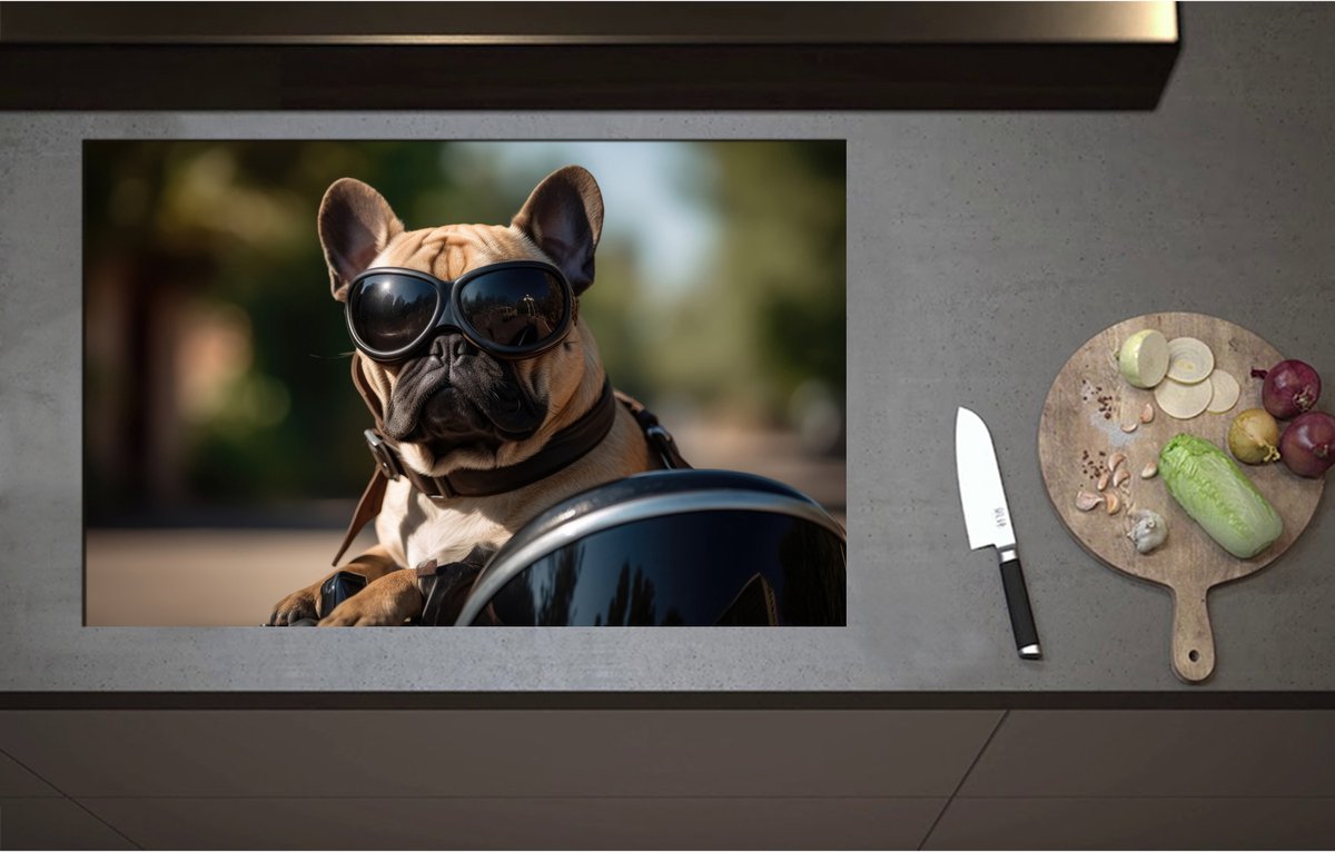 Inductieplaat Beschermer - Bulldog Hond met Zonnebril Rijdend op Motor - 85x55 cm - 2 mm Dik - Inductie Beschermer - Bescherming Inductiekookplaat - Kookplaat Beschermer van Zwart Vinyl