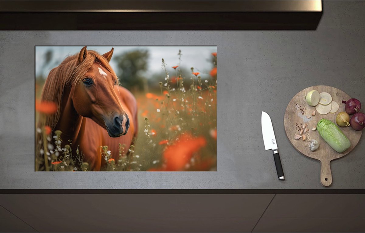 Inductieplaat Beschermer - Bruin paard staat in weiland met rode klaprozen - 75x52 cm - 2 mm Dik - Inductie Beschermer - Bescherming Inductiekookplaat - Kookplaat Beschermer van Wit Vinyl
