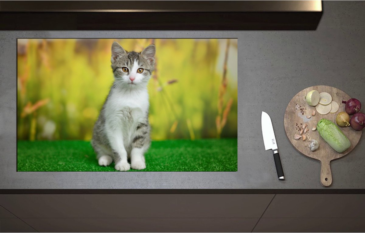 Inductieplaat Beschermer - Braaf Zittende Bruine Kat op Kunstgras - 90x55 cm - 2 mm Dik - Inductie Beschermer - Bescherming Inductiekookplaat - Kookplaat Beschermer van Wit Vinyl