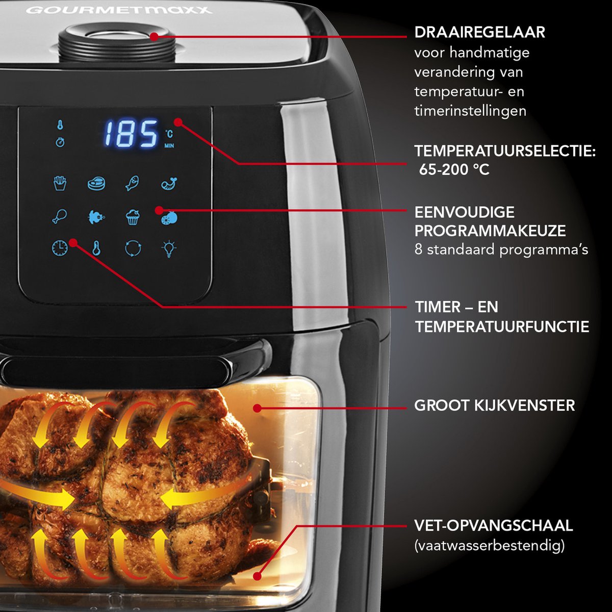 GOURMETmaxx Heteluchtfriteuse, 3,2 l, 1300 W, zwart, mechanisch