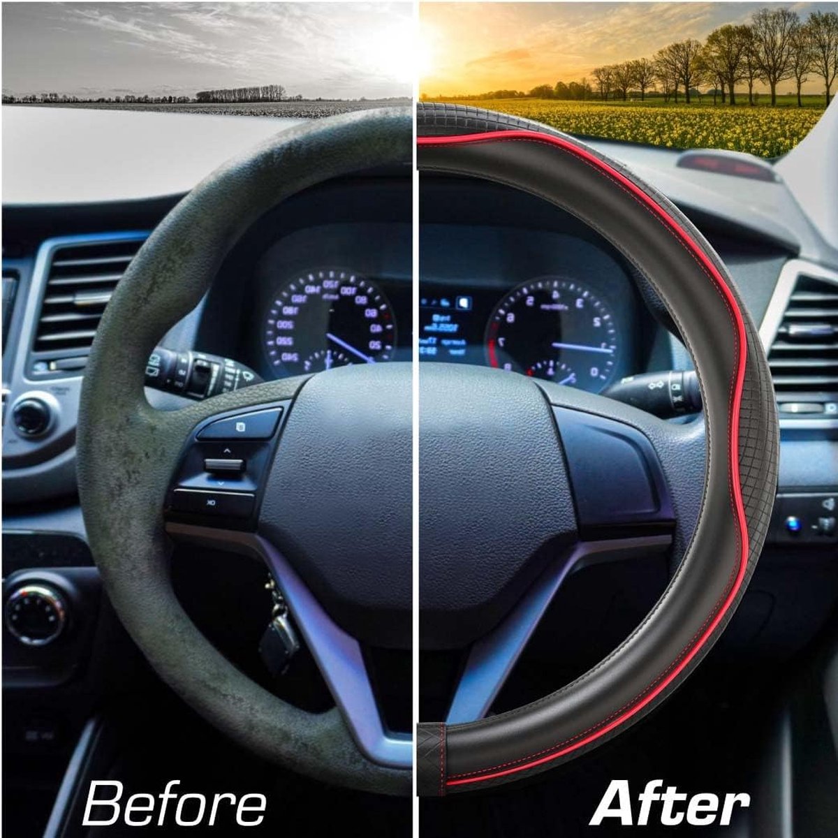 Housse De Volant De Voiture 15 Pouces En Fibre De Carbone Microfibre PU Cuir élastique Protecteur De Volant Rouge - Auto