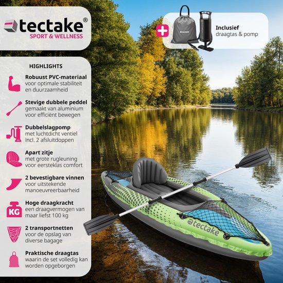 Tectake® - Opblaasbare Kajak - Opblaasbare Kano Voor 2 Personen Met 2x Dubbele Peddel En Accessoires Zitjes Pomp Transporttas Watersport Roeiboot