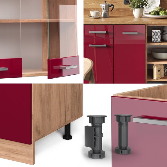 Meuble de cuisine complet Vicco R- Line, Bordeaux brillant/chêne doré/chêne puissant doré, 240 cm sans plan de travail