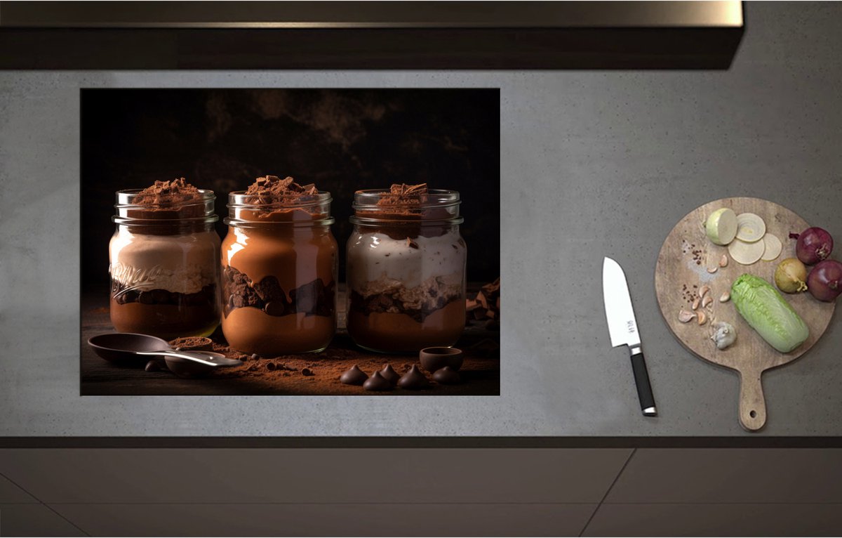 Inductieplaat Beschermer - Chocolademouse Toetjes in Glazen Potjes - 75x55 cm - 2 mm Dik - Inductie Beschermer - Bescherming Inductiekookplaat - Kookplaat Beschermer van Zwart Vinyl