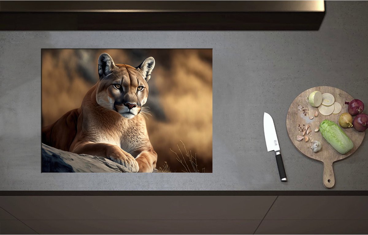 Inductieplaat Beschermer - Cartoon van Puma Liggend op Grijze Rots in Natuurgebied - 70x51 cm - 2 mm Dik - Inductie Beschermer - Bescherming Inductiekookplaat - Kookplaat Beschermer van Zwart Vinyl