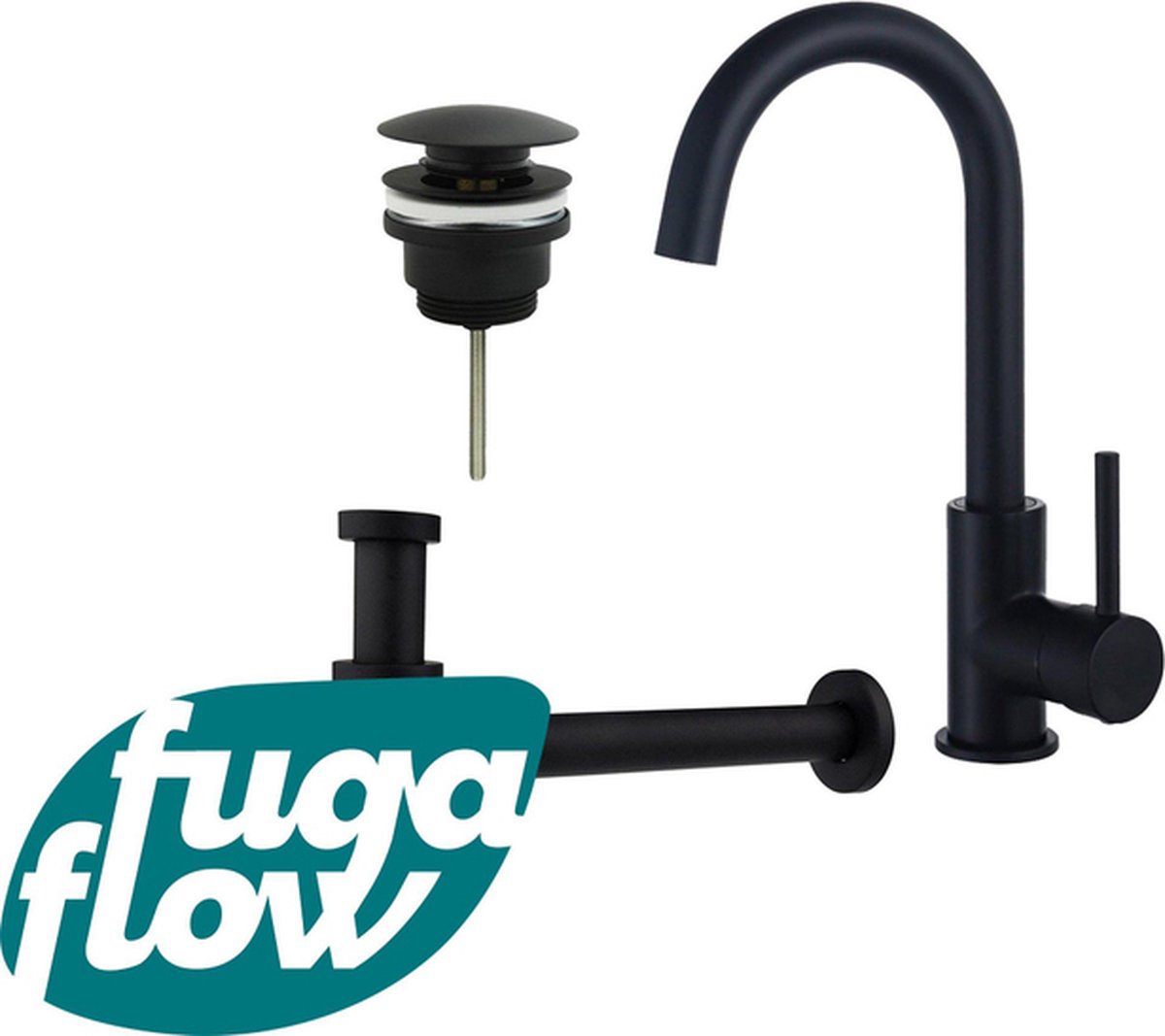FugaFlow Eccelente Sobrado Badkamer Wastafelkraanset hoge wastafelkraan draaibare uitloop klikwaste plug verlaagde design sifon Mat zwart