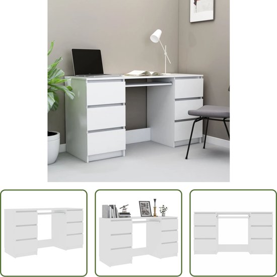 Foto: The living store schrijftafel computerbureau 140 x 50 x 77 cm wit bewerkt hout 6 lades