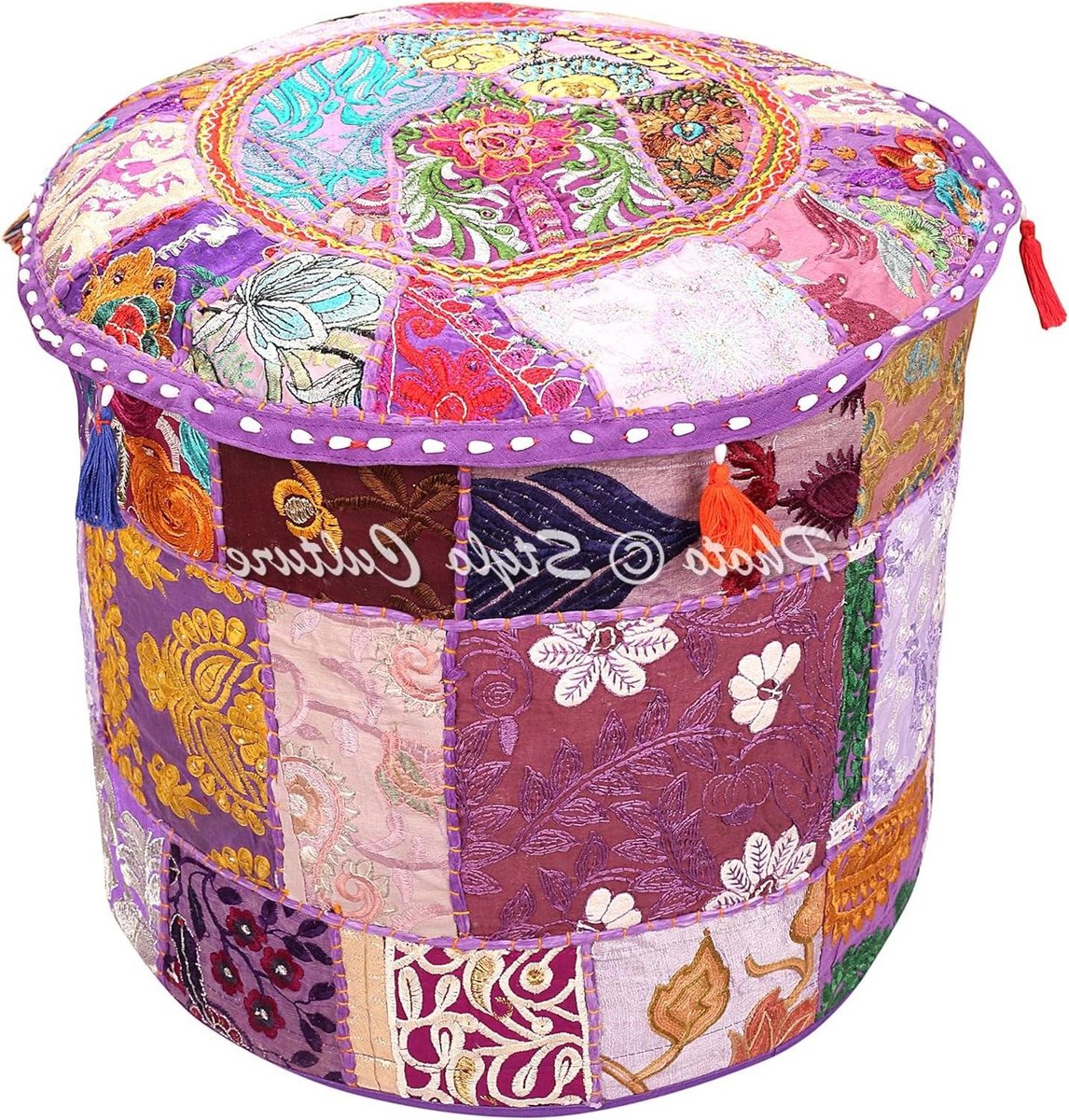 Etnisch Geborduurde Patchwork Katoen Ronde Poef Cover - Paars Ottomaanse Poef Cover 40cm