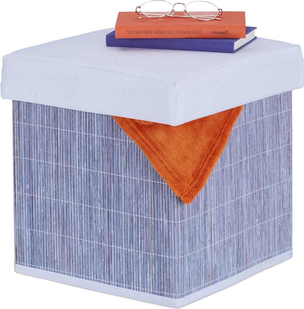 Opvouwbare gepolsterde poef met opbergruimte - 35 x 35 x 35 cm - kleine hocker - bamboe stof - grijs/wit