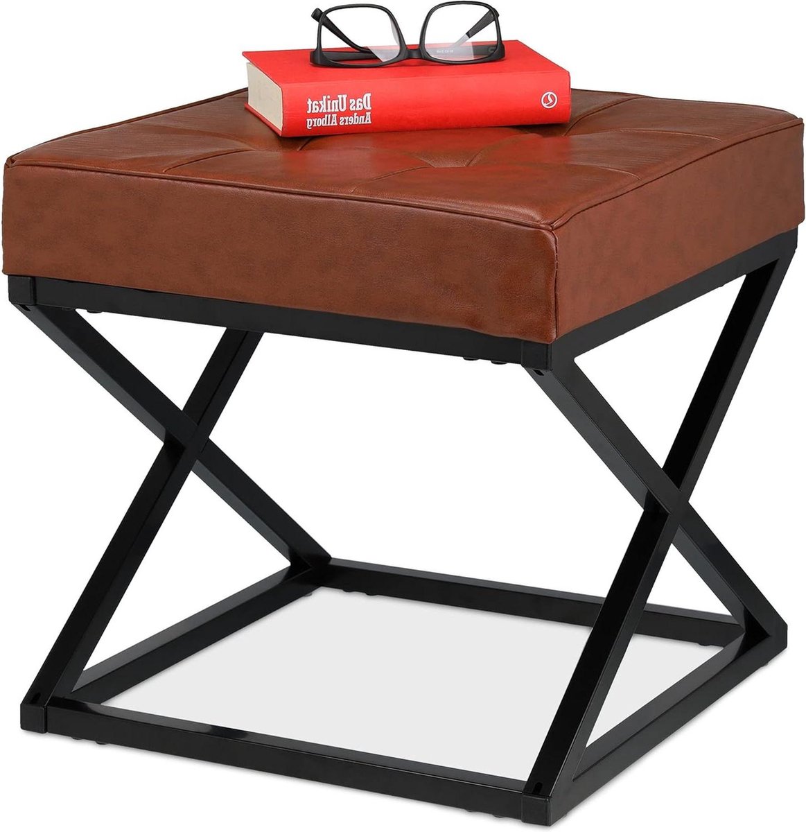 Gepolsterde industrieel design hocker van kunstleer - zwart/bruin - 41 x 41 x 41 cm