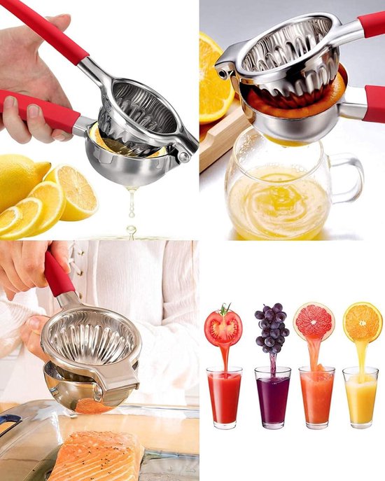 Extra grote roestvrijstalen citroenpers - Premium Heavy Duty Citroenpers Hand - Food Grade Siliconen Handvat - Ergonomische Handmatige Citruspers met Massief Metalen Pers Kom - Rood — afbeelding 4