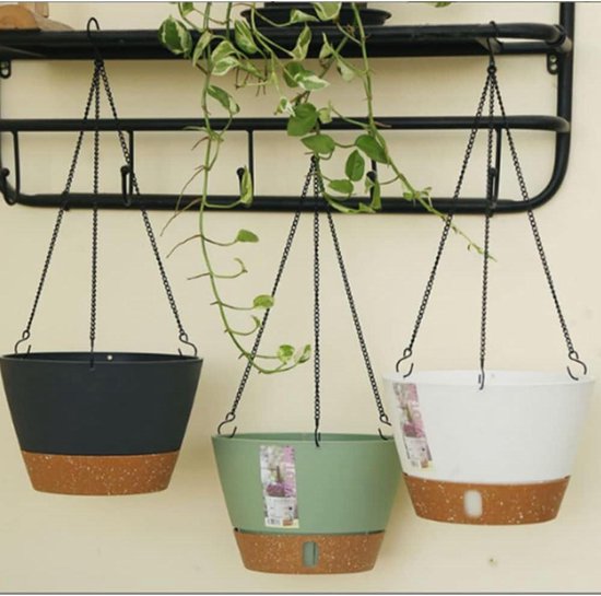 Ensemble de jardinières suspendues - panier pour pots de fleurs intérieur et outdoor - pot de plant avec niveau d'eau visible - trou de drainage du plateau - arrosage automatique - 3 crochets - abri de jardin