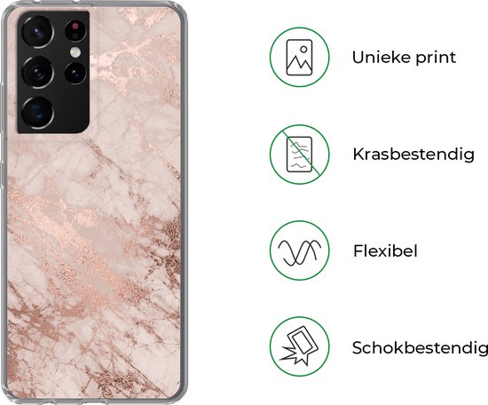 Coque de téléphone compatible avec Samsung Galaxy S21 Ultra - Motif marbre - Rose - Luxe - Aspect marbre - Glitter - Design - Siliconen Coque de téléphone Coque de téléphone