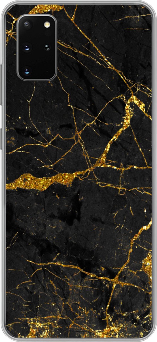 Telefoonhoesje Geschikt voor Samsung Galaxy S20 Plus hoesje - Marmer print - Goud - Zwart - Marmer printlook - Luxe - Glitter - Siliconen Telefoonhoesje Telefoonhoesje